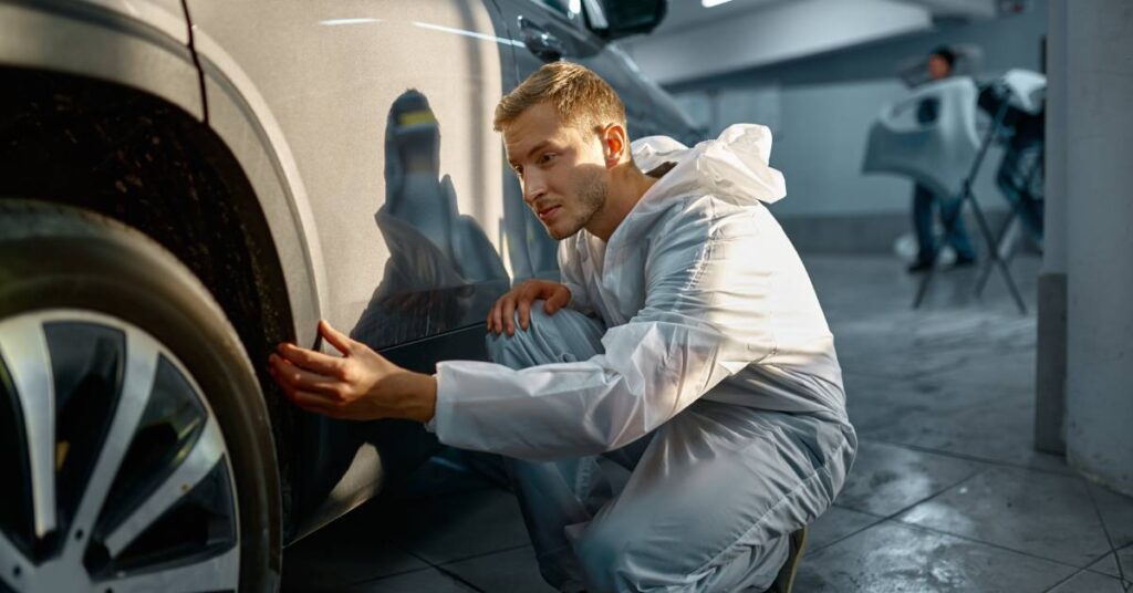 A professional vehicle painter in protective overalls examining the paint job on a newly painted silver vehicle.