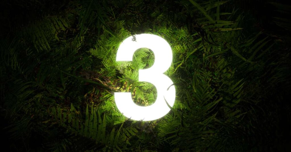 An illuminated "3" sits inside jungle-like foliage. The image gets darker further away from the light.