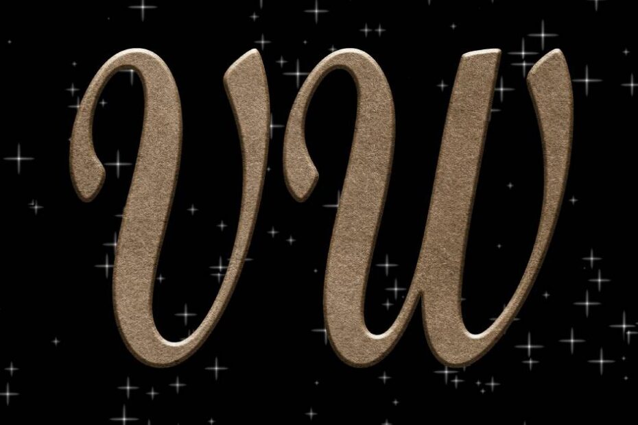 A gold frame surrounding many twinkling stars and the letters "VW" in gold. The background in and around the frame is black.