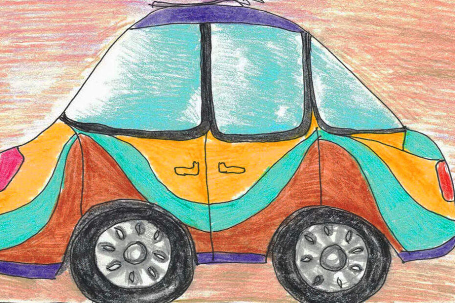 A drawing of a colorful vintage Beetle with a leaf on top of its hood. The road is grey, and the sky is a variety of colors.
