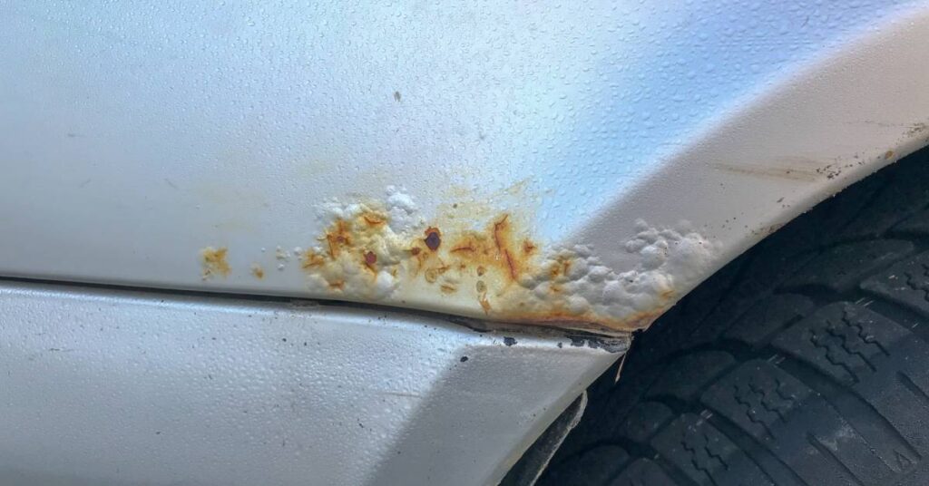 A silver car has rust and chipped paint on its front end. The car’s wheel appears beneath the rusted body.