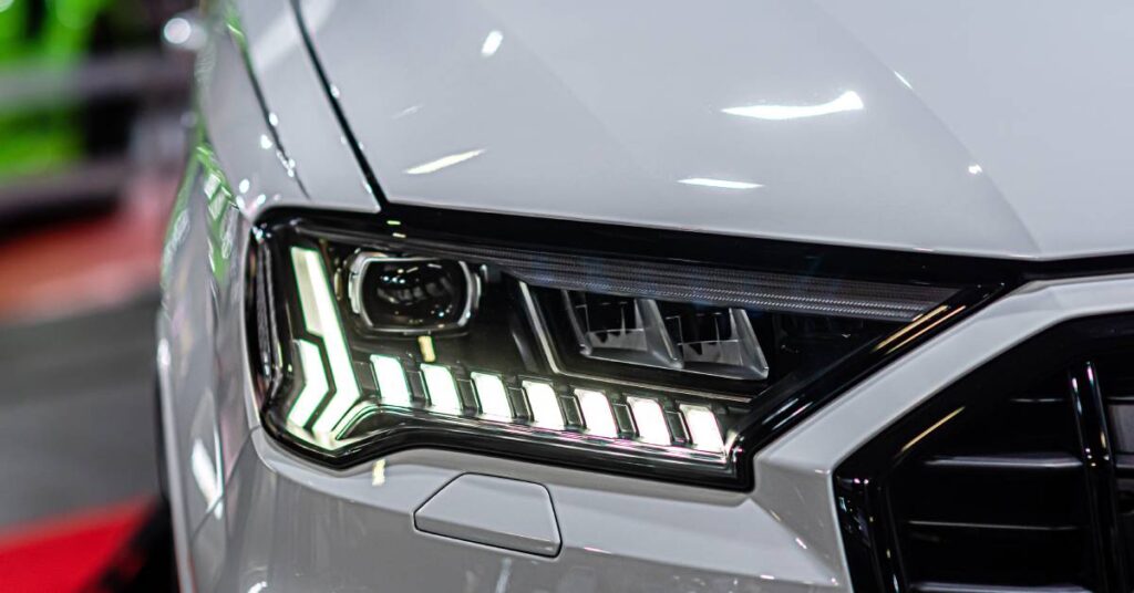 A close-up of LED headlights on a modern, white car. The car’s bumper grill and bonnet are also visible.