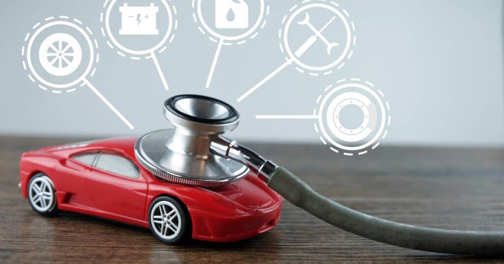 A stethoscope lies on the hood of a red toy car. Different car maintenance icons float above the car.
