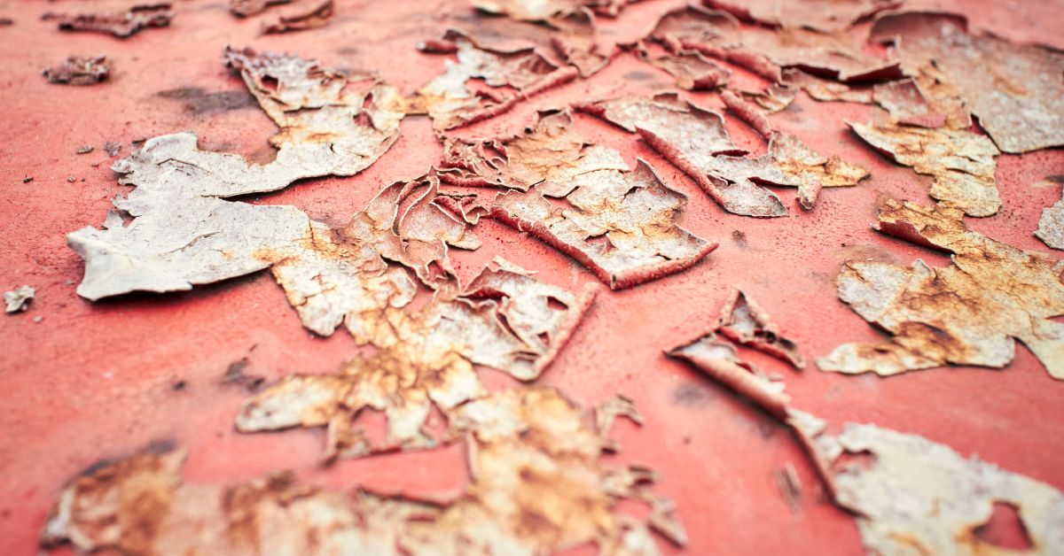 Multiple patches of peeling paint on the surface of a red vehicle. The peeling paint curls and separates from the metal.