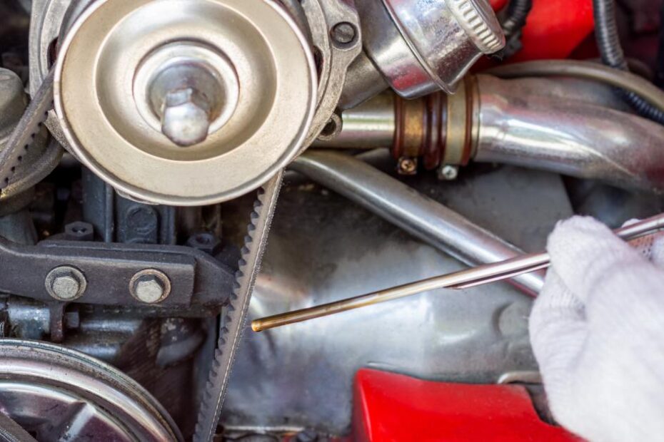 A close-up of a vintage car engine with a circular air intake. A mechanic wearing white gloves is checking the oil dipstick.