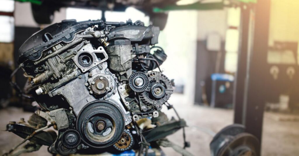 A removed engine from a vehicle in a mechanic shop, with the vehicle raised on a lift in the background.